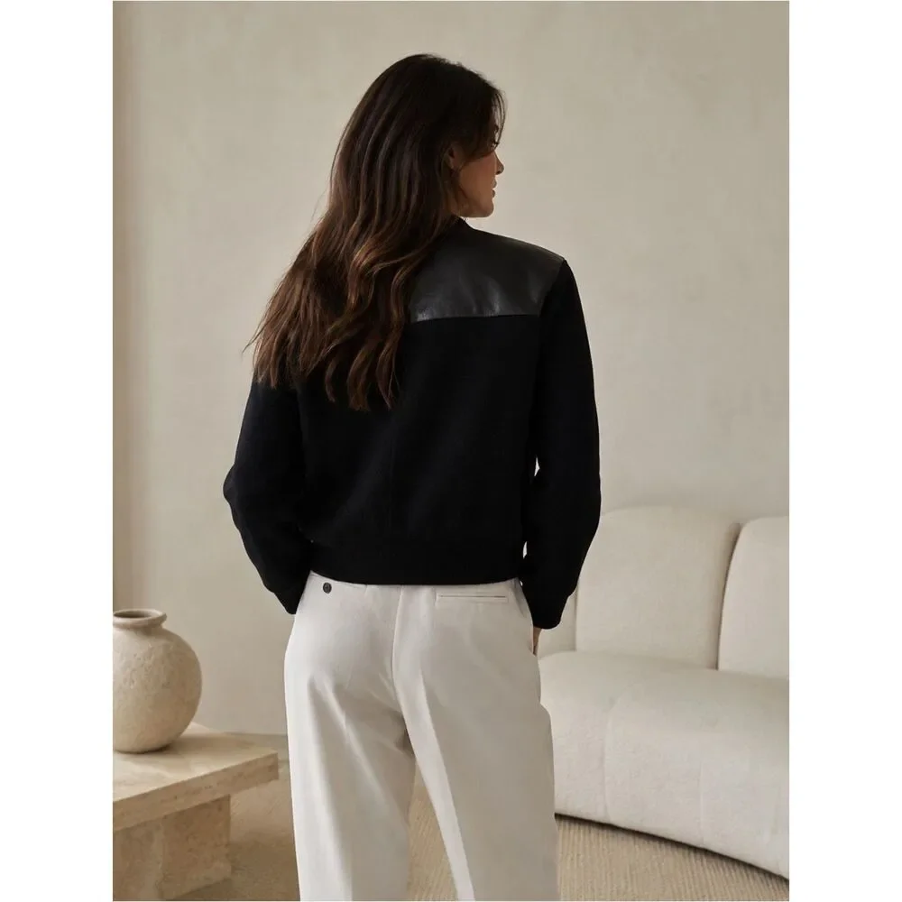 Anne Fontaine Black Cropped Cardigan Jacket 12 Silk Blend Lambskin Leather Trim